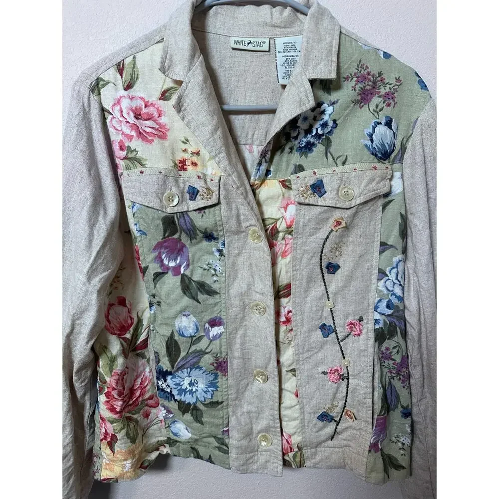 Vintage White Stag Blouse Shirt Women's M Linen Floral Cottage Country Core - Picture 2 of 6